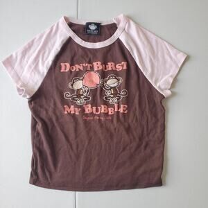 Bobby Jack Shirt Y2K Medium Brown Pink Don't Burst My Bubble Monkey Ringer Tee